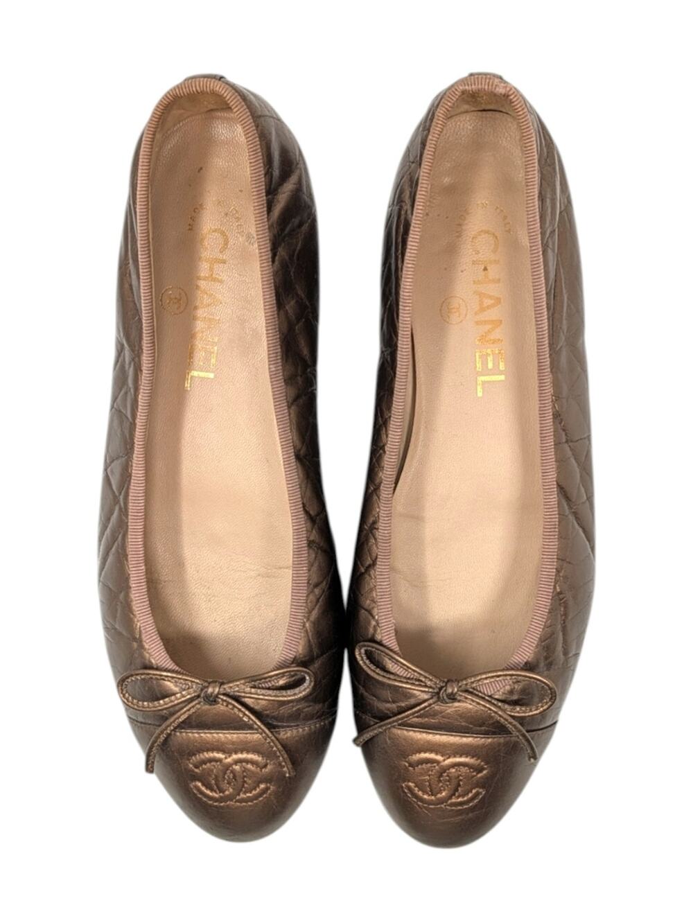 Chanel Ballet Flat Ballerina CC Logo Cap Toe Metallic Bronze Leather 38 | 7.5